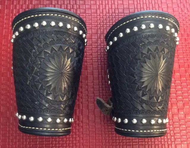 Two Antique Cowboy  Hand Tooled Studded Black Leather Wrist Cuffs