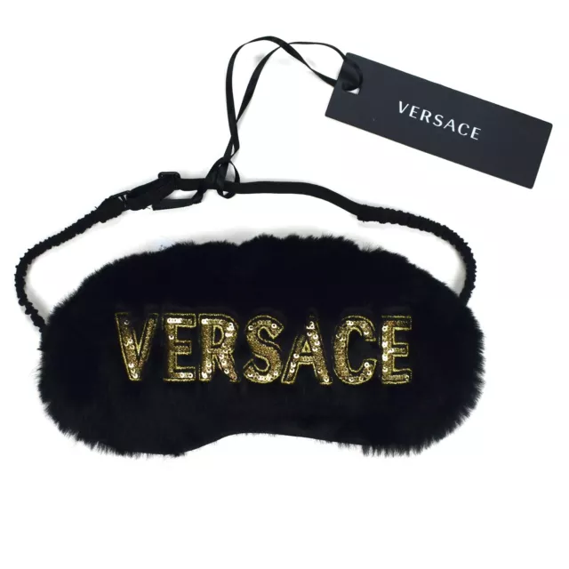 NWT $175 Versace Black Gold Sequin Logo Plush Faux Fur Sleep Mask AUTHENTIC