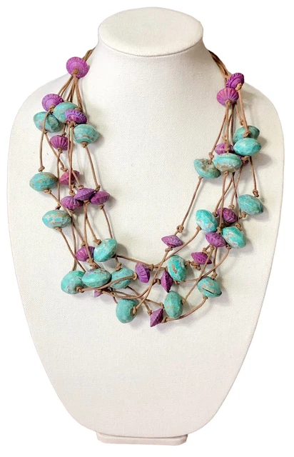 Vtg Brass Patina Necklace Purple Turquoise Color Bead Enamel Leather Artisan