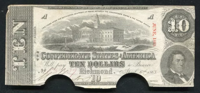 T-59 1863 $10 Ten Dollars Csa Confederate States Of America Currency Note 