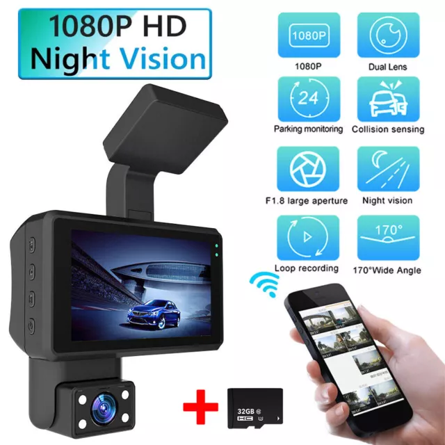 Car Dual Lens Dash Cam HD 1080P Front/Inside Video Recorder Camera G-sensor Card