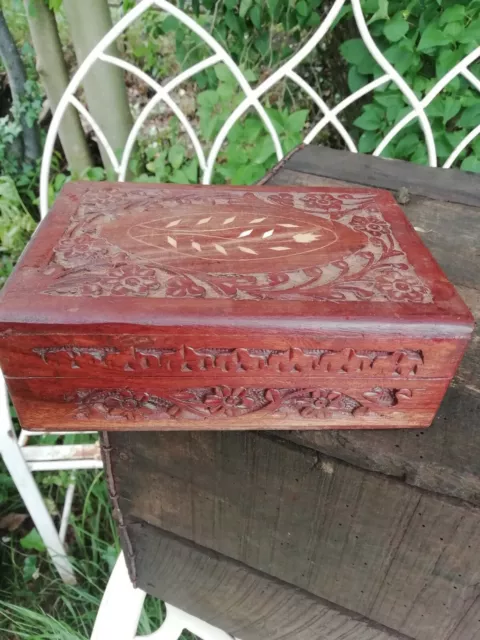 Vintage Hand Carved Inlaid Anglo Indian Wooden Lidded Jewellery Trinket Box