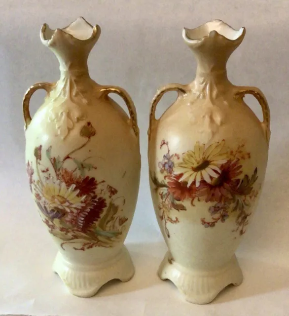 Pair of Austrian Art Nouveau Porcelain Hand Painted Double Handled Vases