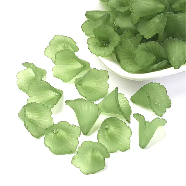 30 - Green Large Flower Beads - Frosted Acrylic - Bead Caps - 19x17mm - P00296P