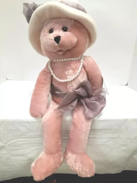 Vintage PBC Plush Lady Bear 'Rose' 22" Hat & Bead Necklace Bow Musical