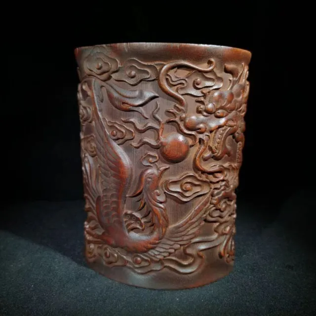 6.3" Collect China Old Bamboo Relief Carving Dragon And Phoenix Brush Pot