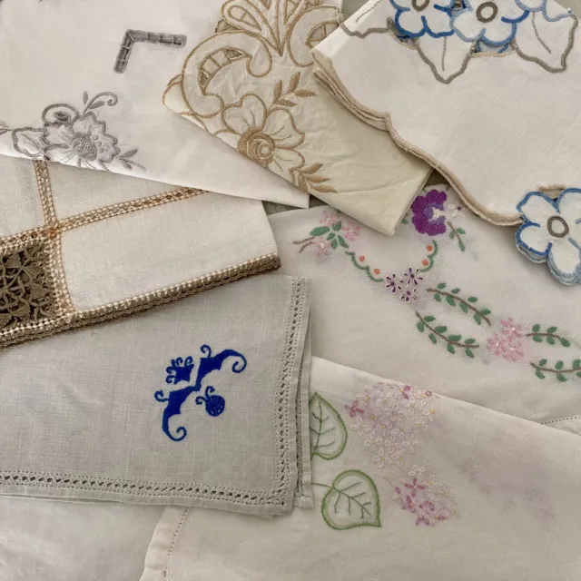 Vintage Bundle Tray Cloths - Linen / Cotton - Cutwork / Embroidered x 8