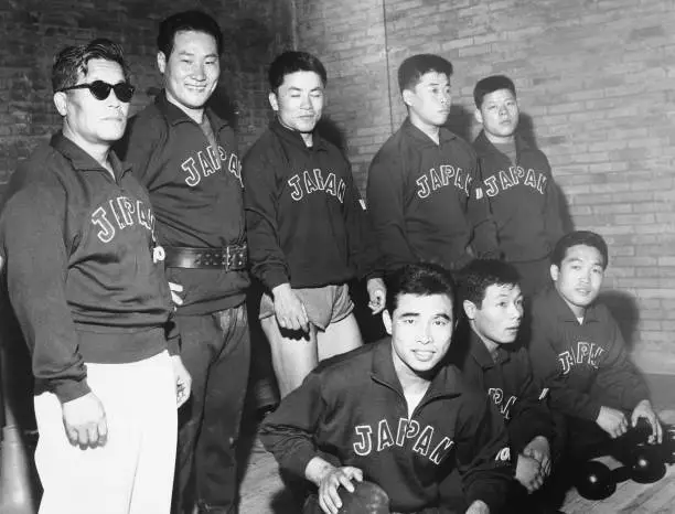 Members Japanese weightlifting team training Rome during Olympic Gam- Old Photo