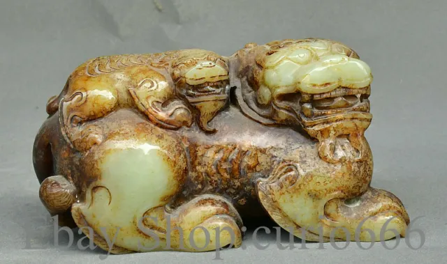 6" Old Chinese Hetian Jade Carving Dynasty Palace Feng Shui Lion Beast Statue