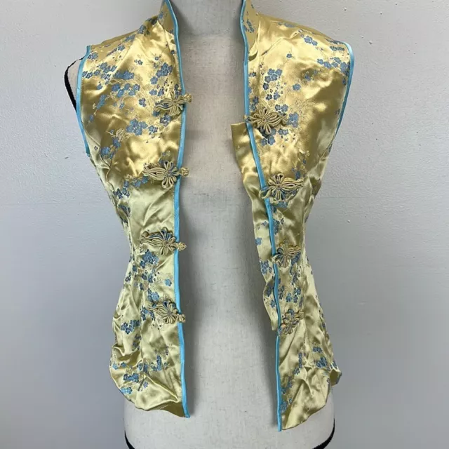 Beautiful blue and yellow asian embroidered silk kimono style vest top size xs