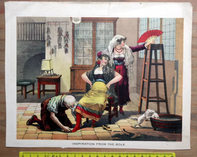 Schuhmacher und 2 Damen in der Werkstatt, Chromolithographie um 1880