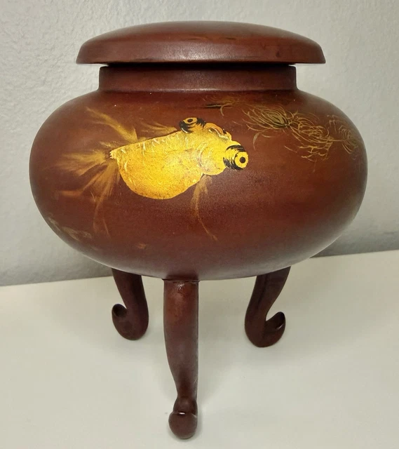 ベトナム 漆アート Thành Lễ THANH LE VIETNAM 3-Leg red lacquer Lidded Brown Gold Red Fish