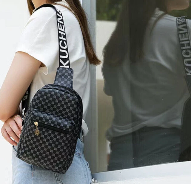 Crossbody Bag Fashion Checkered Chest Bag  Shoulder Purse Polyester Black New