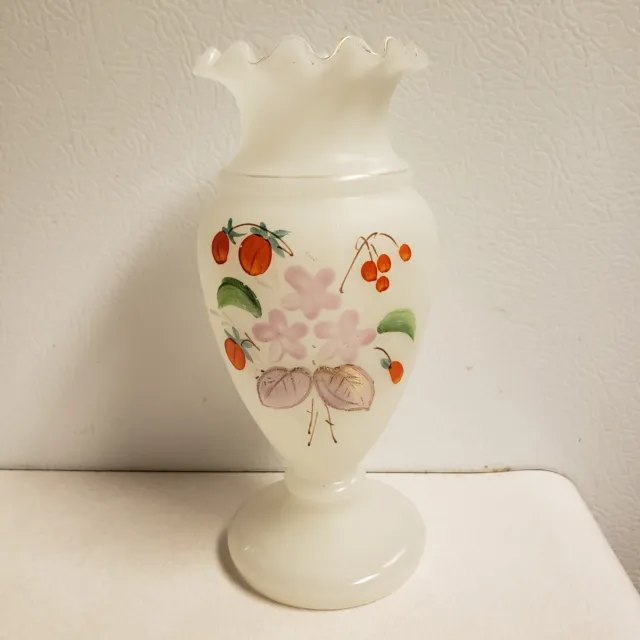 Antique Victorian White Bristol Hand Blown Milk Glass Ruffle Vase Handpainted 6"