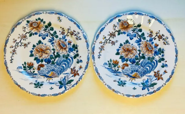 2 grands assiettes GIEN décor PIVOINES & COQ - 26 cm