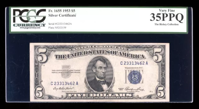 DBR $5 1953 Silver Fr. 1655 CA Block PCGS 35 PPQ Serial C23313462A