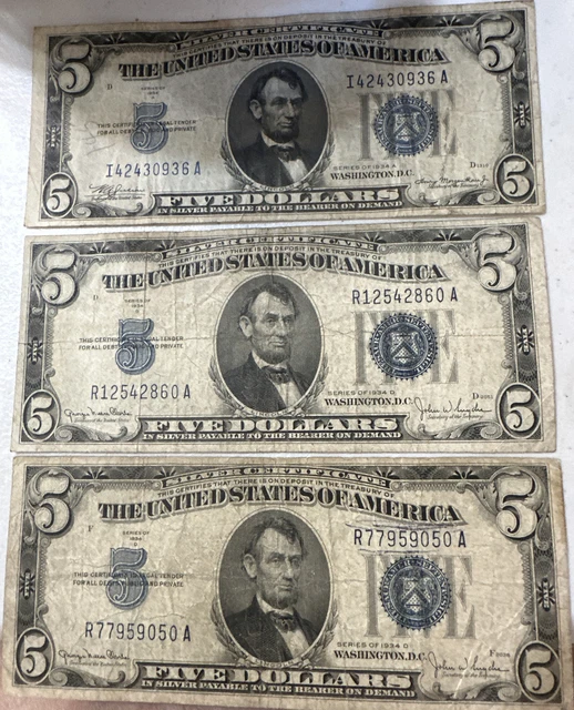 1934D,A. Five Dollar Silver Certs. 3 Bill Lot. Blue Seal. Circulated. 🔥🔥