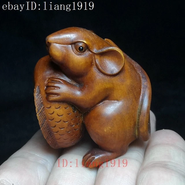 Old Japanese boxwood hand carved Mouse and Fish Figure statue netsuke Decoration