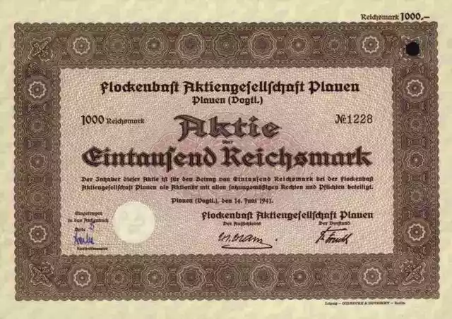 Flockenbast AG 1941 Plauen Sachsen Erlangen Kulmbach Bayreuth Hof Vetschau 1000