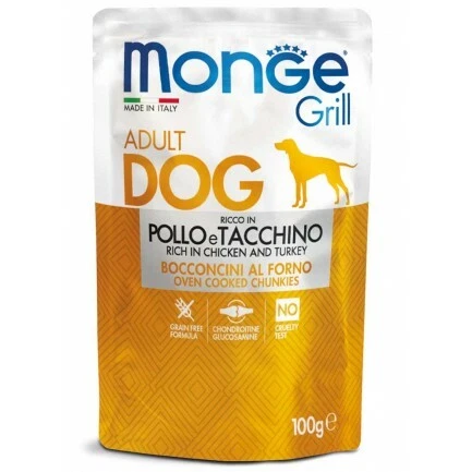 Monge Grill Adult Cibo Umido Completo per Cani - Pollo e Tacchino - 12x100 gr