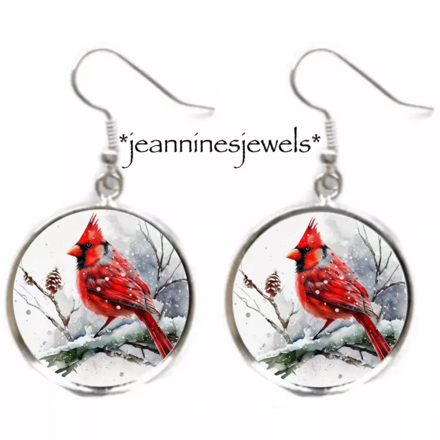 Cardinal Earrings Winter Snow ART PRINT Silver Charm Dangle Bird Lover Gift