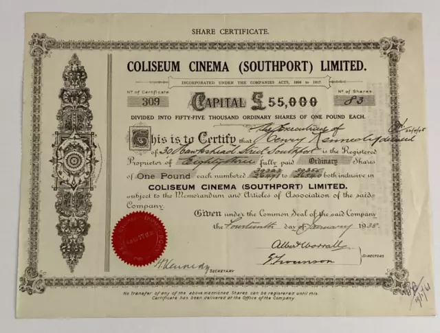 1938 Coliseum Cinema Southport Great Britain Movie Theatre Stock Certificate