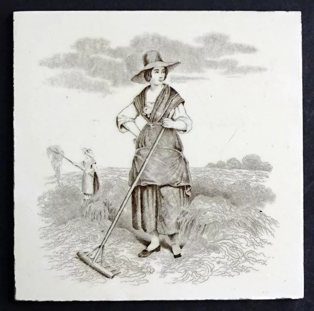 1800's Antique MINTON Transferware RUSTIC Rural Farm ART POTTERY TILE