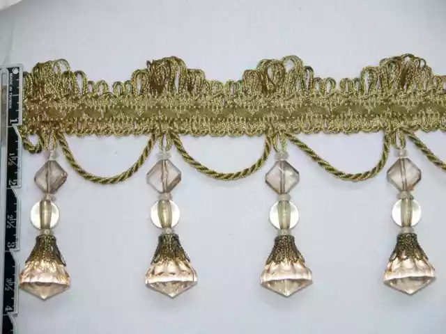 4" Exquisite Tassel Fringe Bead Trim Olive Gold Per Yard