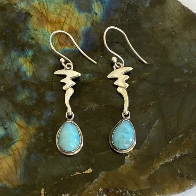 Sterling Silver 925 1.86" Marahlago Bezel Set Teardrop Larimar Dangle Earrings Sterling Silver 925 1.86" Marahlago Bezel Set Teardrop Larimar Dangle Earrings