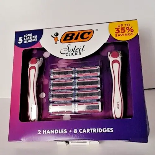 Juego de regalo de 5 navajas de afeitar Bic Soleil Click incluye 2 asas + 8 cartuchos para mujer NUEVO