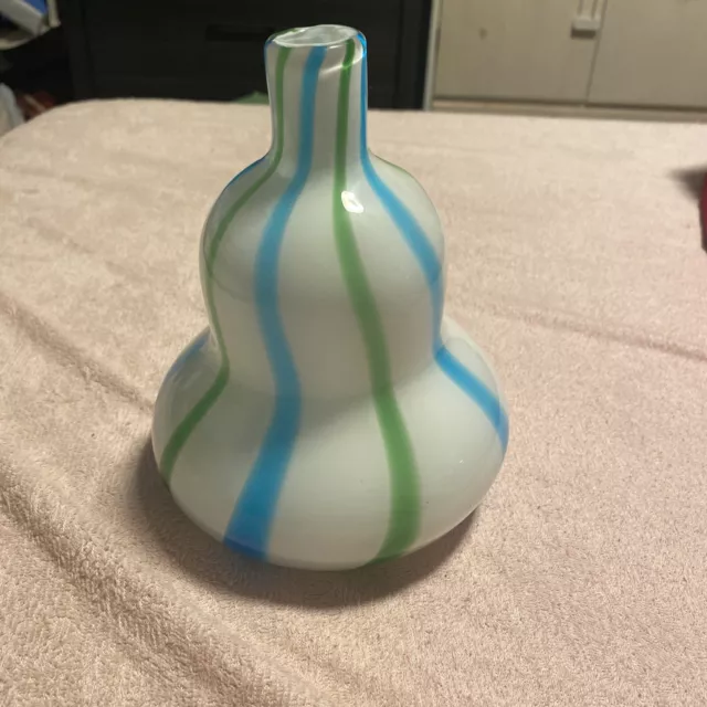 Blue Green Striped Hand Blown Art Glass Vase GORGEOUS! Mint! Mid Century Modern