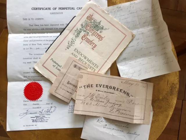 VINTAGE Cemetery Documents Evergreens Brooklyn NY Gardner Family Burial Papers