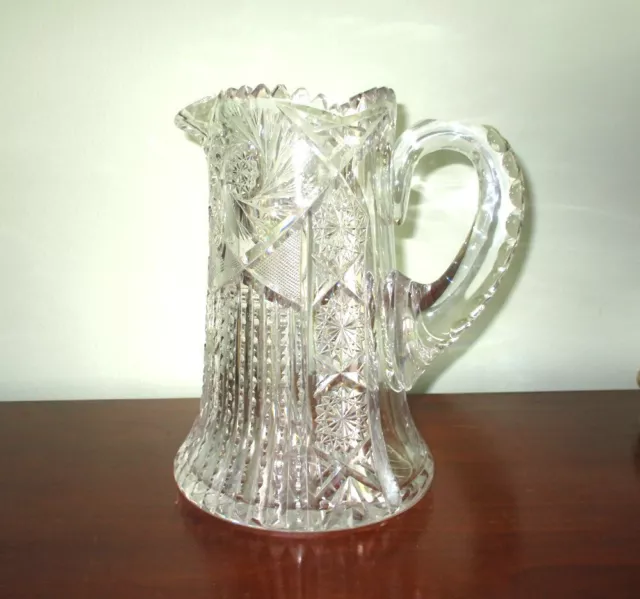 Antique American Brilliant Period (ABP) Cut Glass or Crystal 9" Pitcher Hobstar
