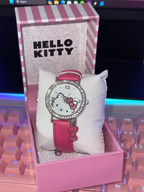 New Sanrio Accutime Hello Kitty Watch Pink Silver Rhinestone Bow Charm Gift Box