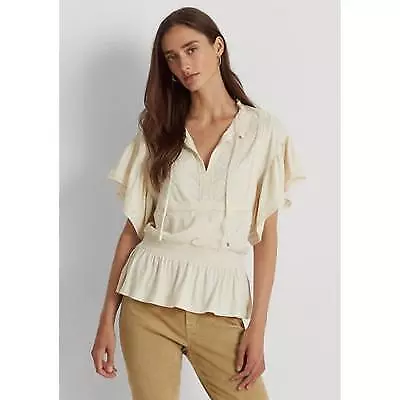 Lauren Ralph Lauren Women's Lace Trim Jersey Peplum Top (M, Winter Cream)