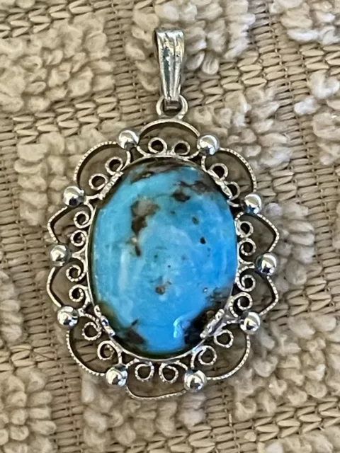 Vintage Sorrento Oval Blue Turquoise 925 Sterling Silver Filigree Pendant