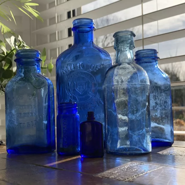 6 Cobalt Blue Antique Victorian Bottles Apothecary Chemist Druggist Bottles