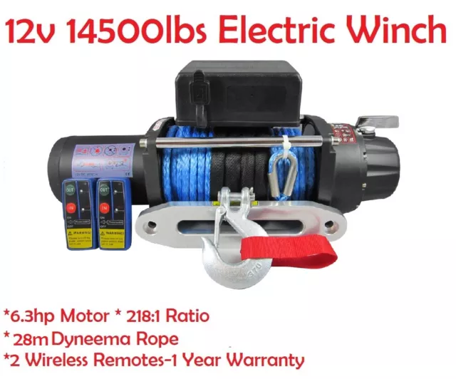 12V 14500LBS Electric Winch 28M Synthetic Rope Wireless Remote 4WD 6577KG