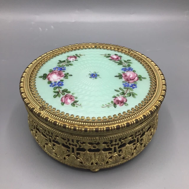 Antique  large French gilt brass and Guilloché enamel box with glass insert