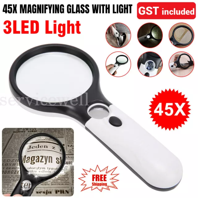 Glass Reading 3X Loupe 45X Magnifier Magnifying Jewelry 3 LED Light Handheld