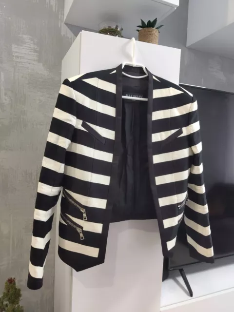 BALMAIN Two Tone Striped Linen Cotton Crepe Jacket Blazer Black Ivory Sz 40 L 3