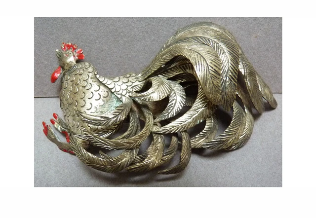 Grande Broche Vintage En émaux Cloisonnés Et Métal Argenté - Motif Oiseaux & Fleurs