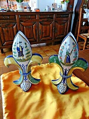 PAIRE SALERONS   FAIENCE  QUIMPER  FLEURS BRETON BRETONNE 