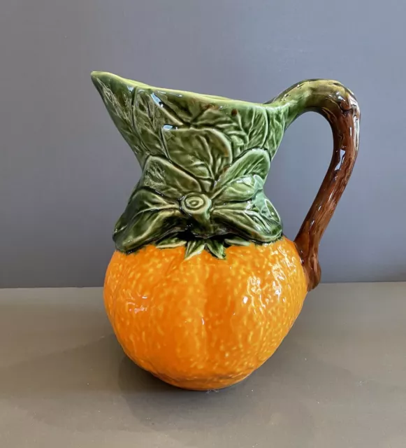 Vintage Majolica Pottery 9.5” Orange Pitcher by Olfaire Made in Portugal