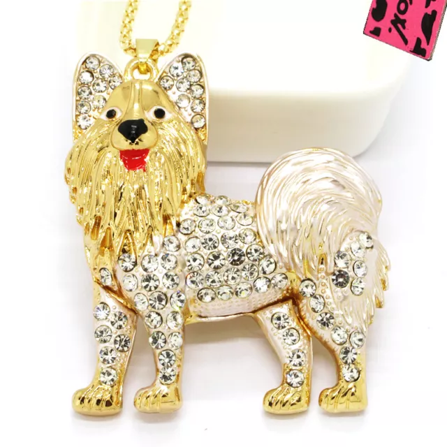 Betsey Johnson White Rhinestone Cute Dog Crystal Pendant Chain Necklace