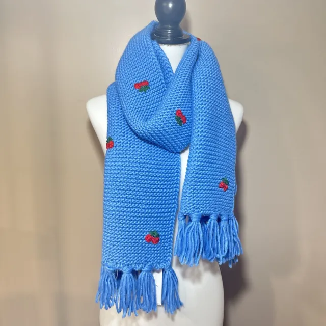 BLOOMINGDALES Scarf One Size Blue Cherry Aqua Embroider Neck Wrap Fringe New