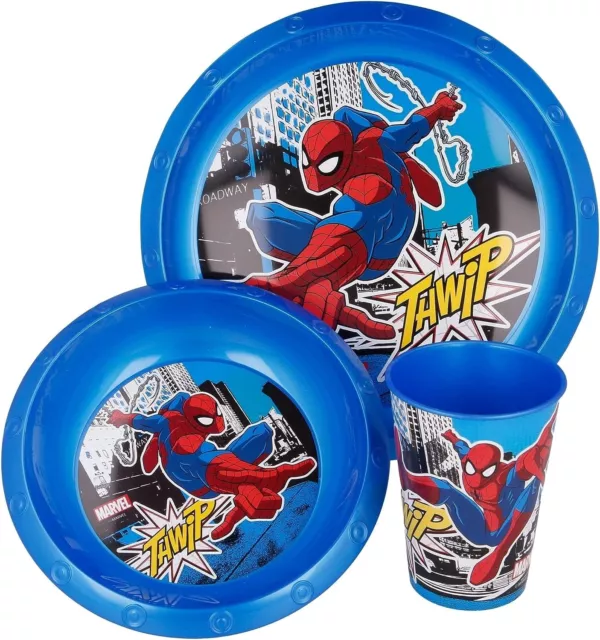 Set Pappa Bimbo Marvel Spiderman Servizio Da Tavola Piatti Bicchiere Asilo 3 Pz