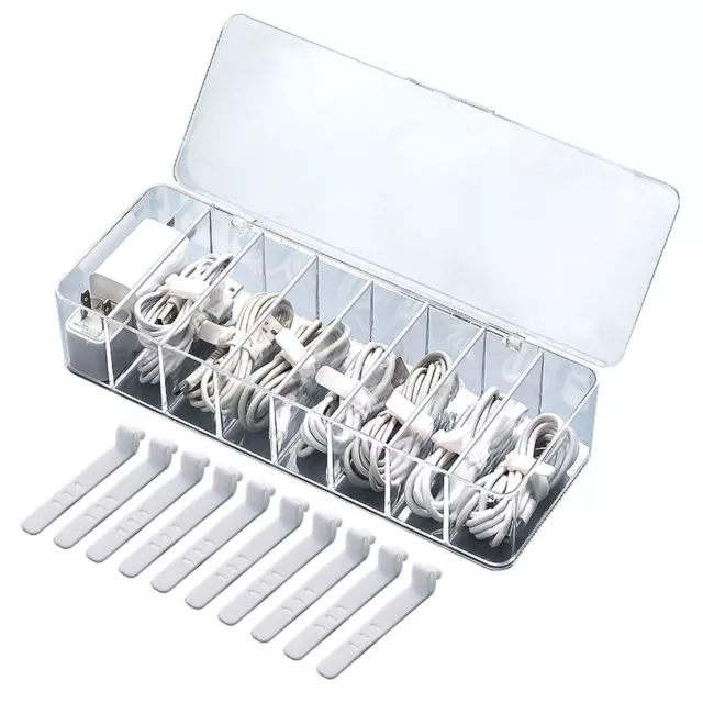 Clear USB Wire Box Cord Storage Case with Lid 10 Cable Ties Desktop Organizer