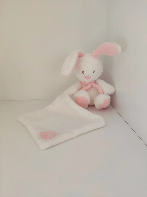 Doudou Babysun Lapin blanc mouchoir foulard rose 15cms bunny plush 5,9inches