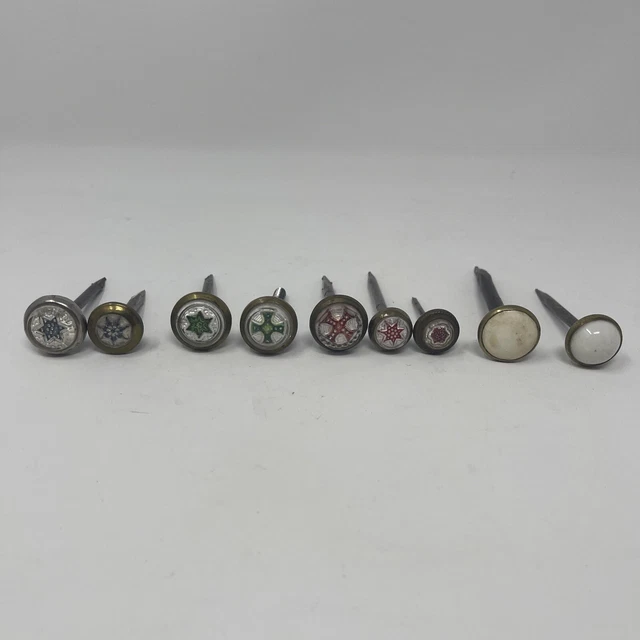 Antique Victorian Picture Nail Hangers - Lot Of 9 Blue Green Red White Porcelain